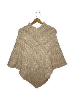 Aran Crafts 100% Merino Wool Poncho Ireland Cable Knit Shawl Cape Beige OS